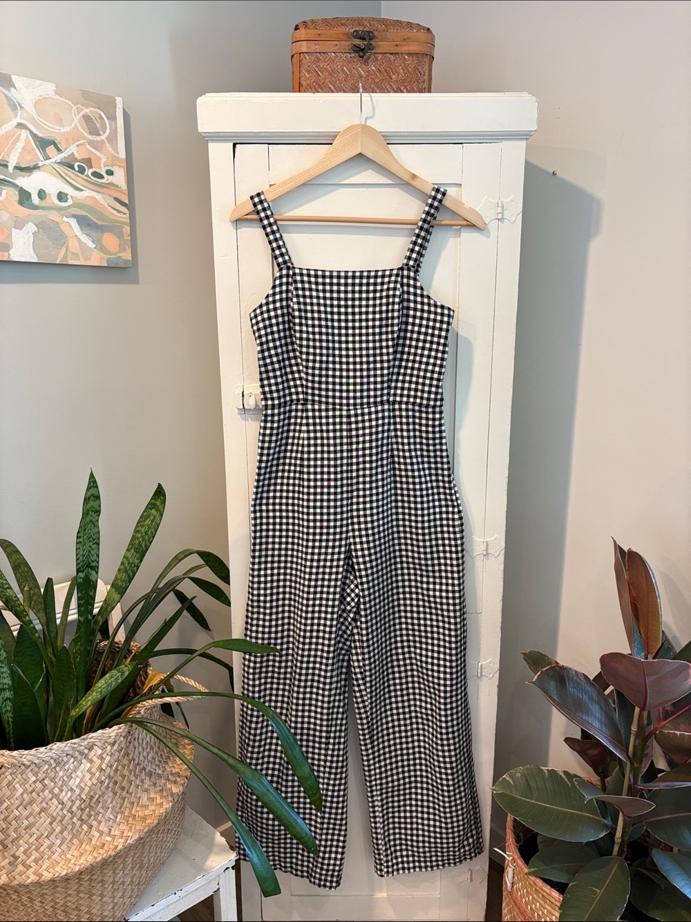 100% cotton Gingham Wide-Leg Jumpsuit in Black & White